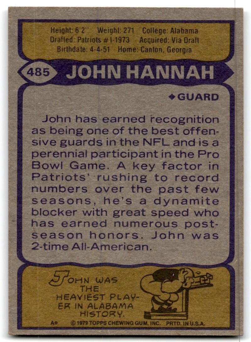 1979 Topps Football Card John Hannah New England Patriots #485