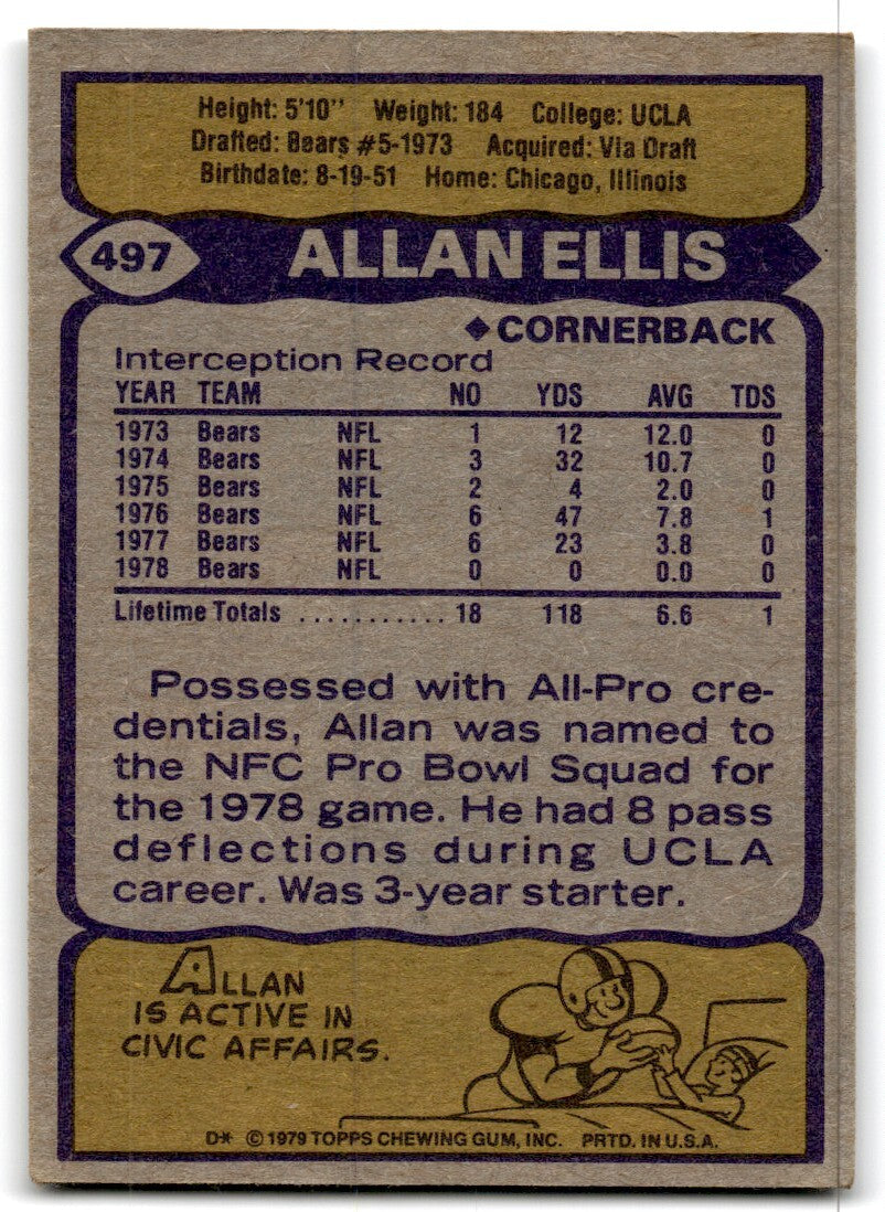1979 Topps Football Card Allan Ellis Chicago Bears #497
