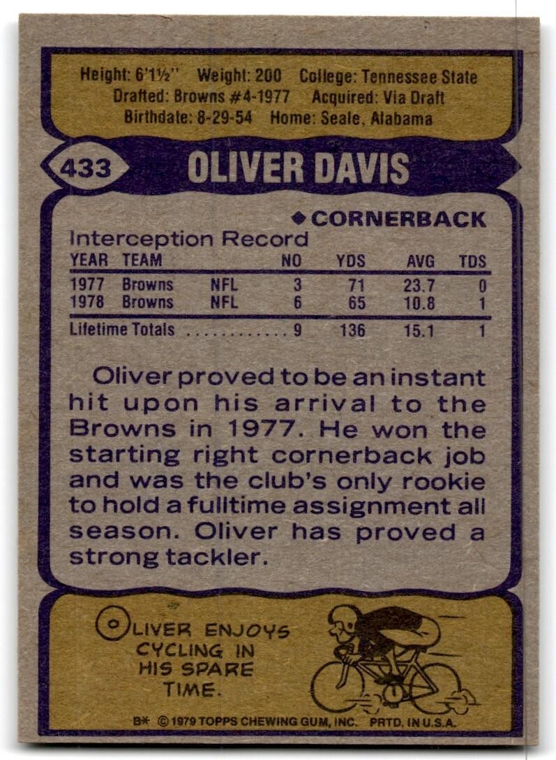 1979 Topps Football Card Oliver Davis Cleveland Browns #433
