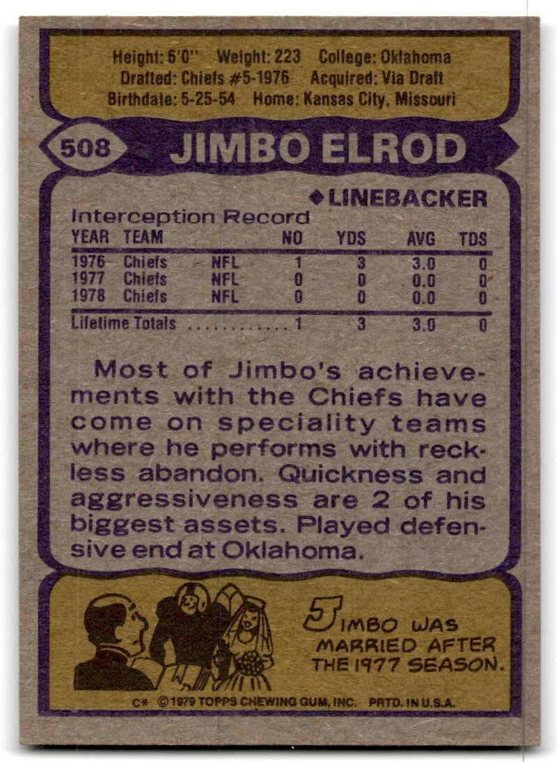 1979 Topps Football Card Jimbo Elrod Rookie Kansas City Chiefs #508