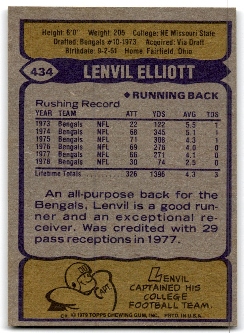 1979 Topps Football Card Lenvil Elliott Cincinnati Bengals #434