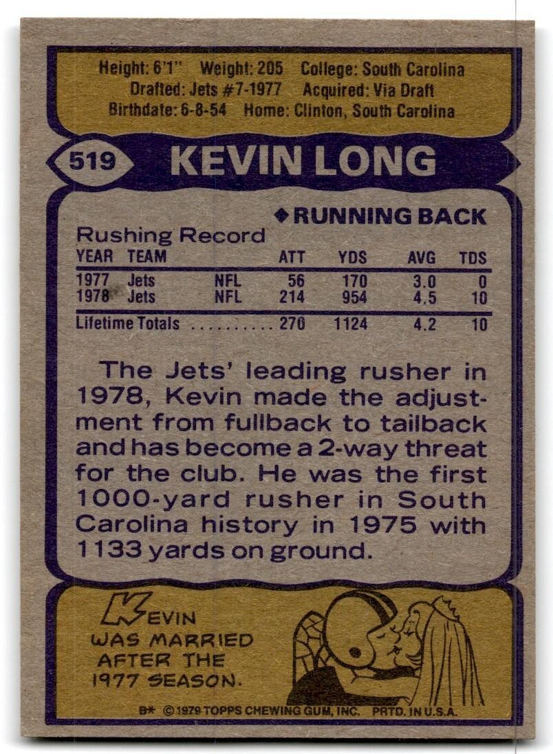 1979 Topps Football Card Kevin Long Rookie New York Jets #519