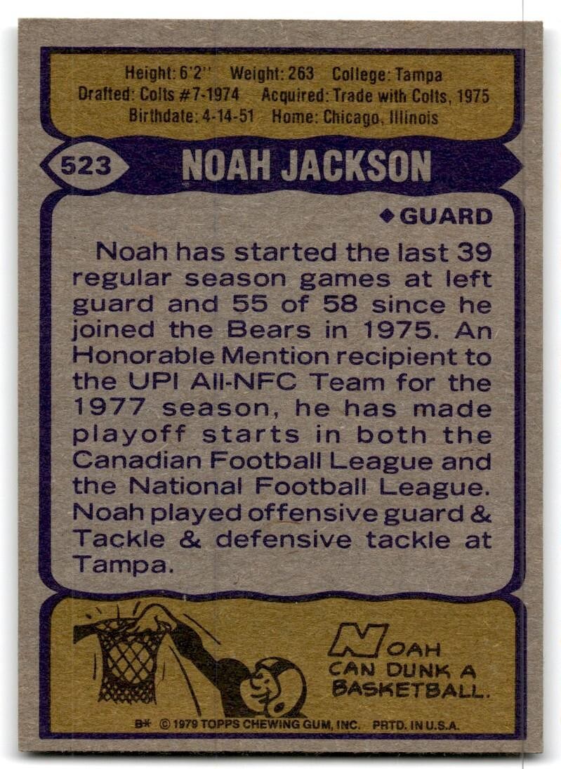 1979 Topps Football Card Noah Jackson Chicago Bears #523