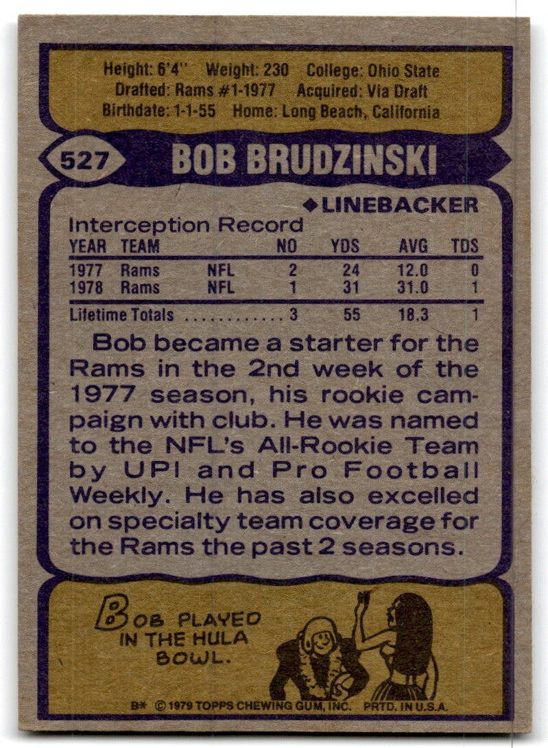 1979 Topps Football Card Bob Brudzinski Rookie Los Angeles Rams #527
