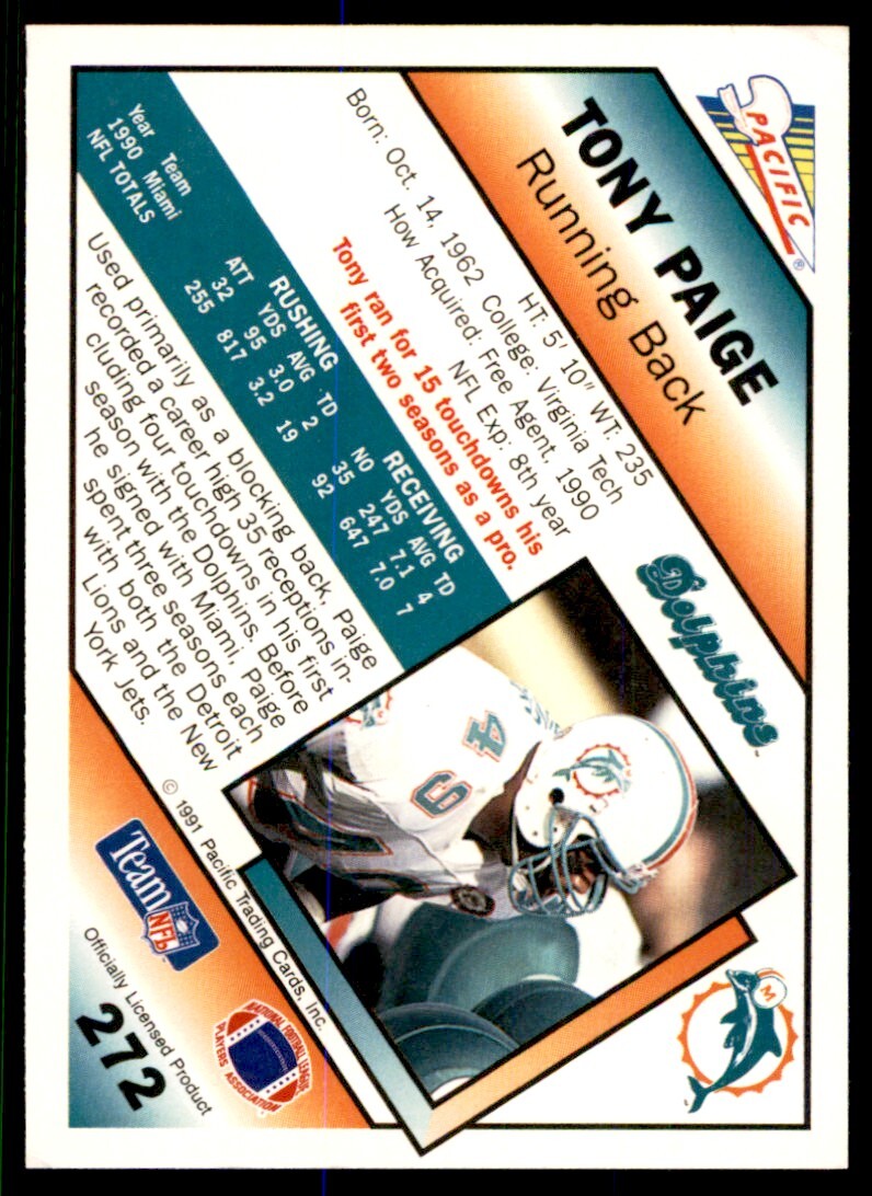 1991 Pacific Tony Paige . Miami Dolphins #272