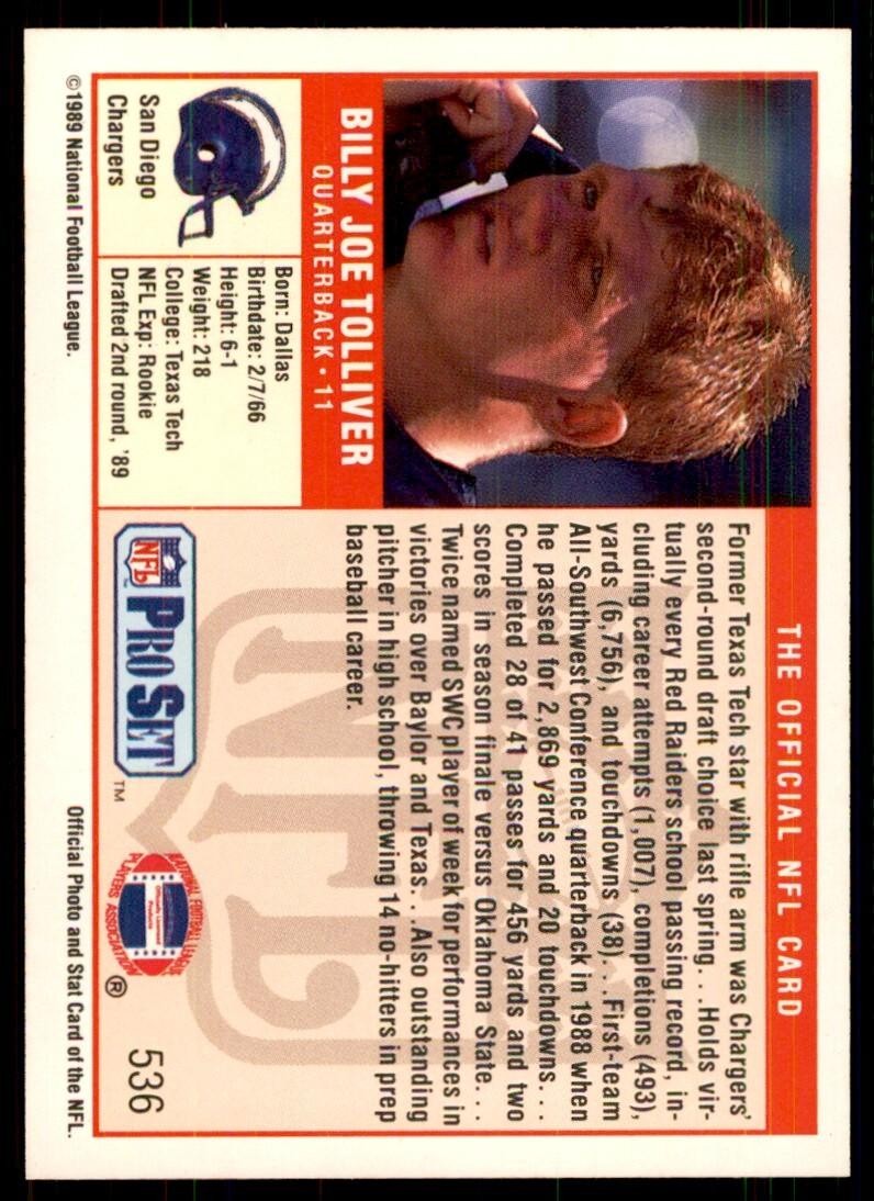 1989 Pro Set Billy Joe Tolliver Football Cards #536