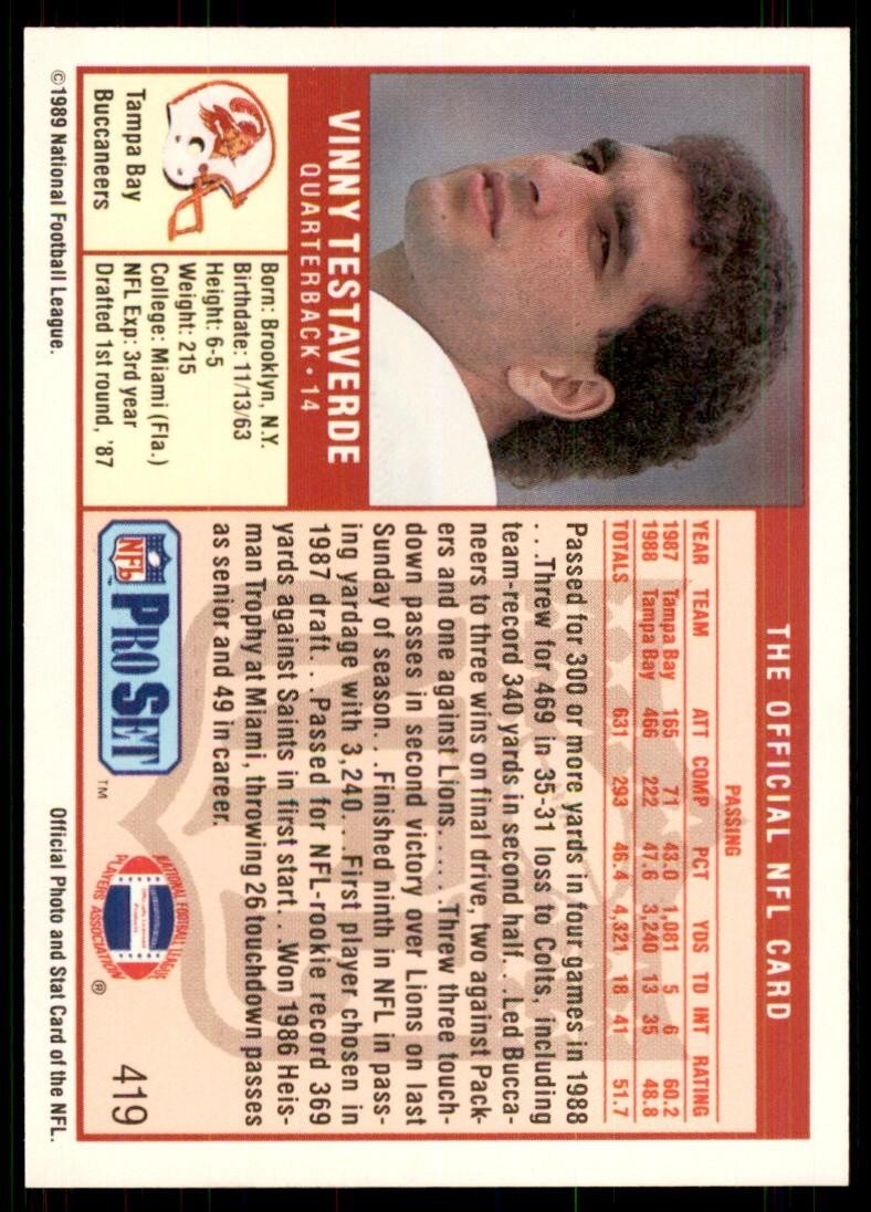 1989 Pro Set Vinny Testaverde Football Cards #419
