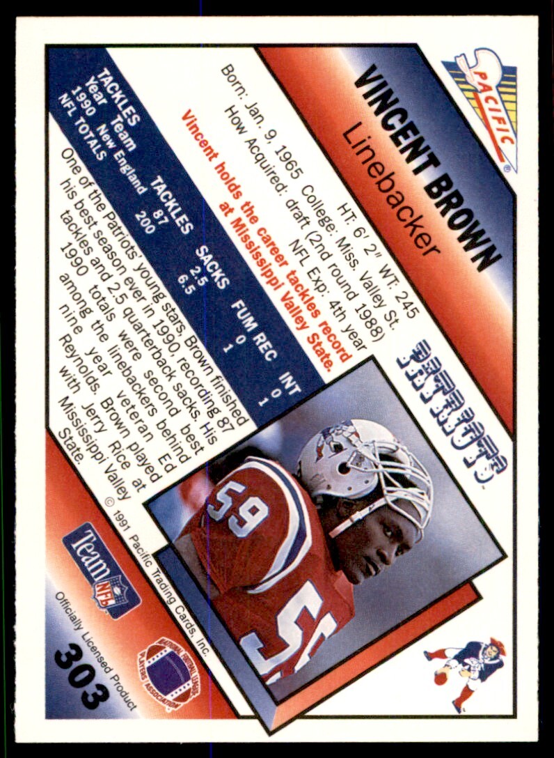 1991 Pacific Vincent Brown . New England Patriots #303