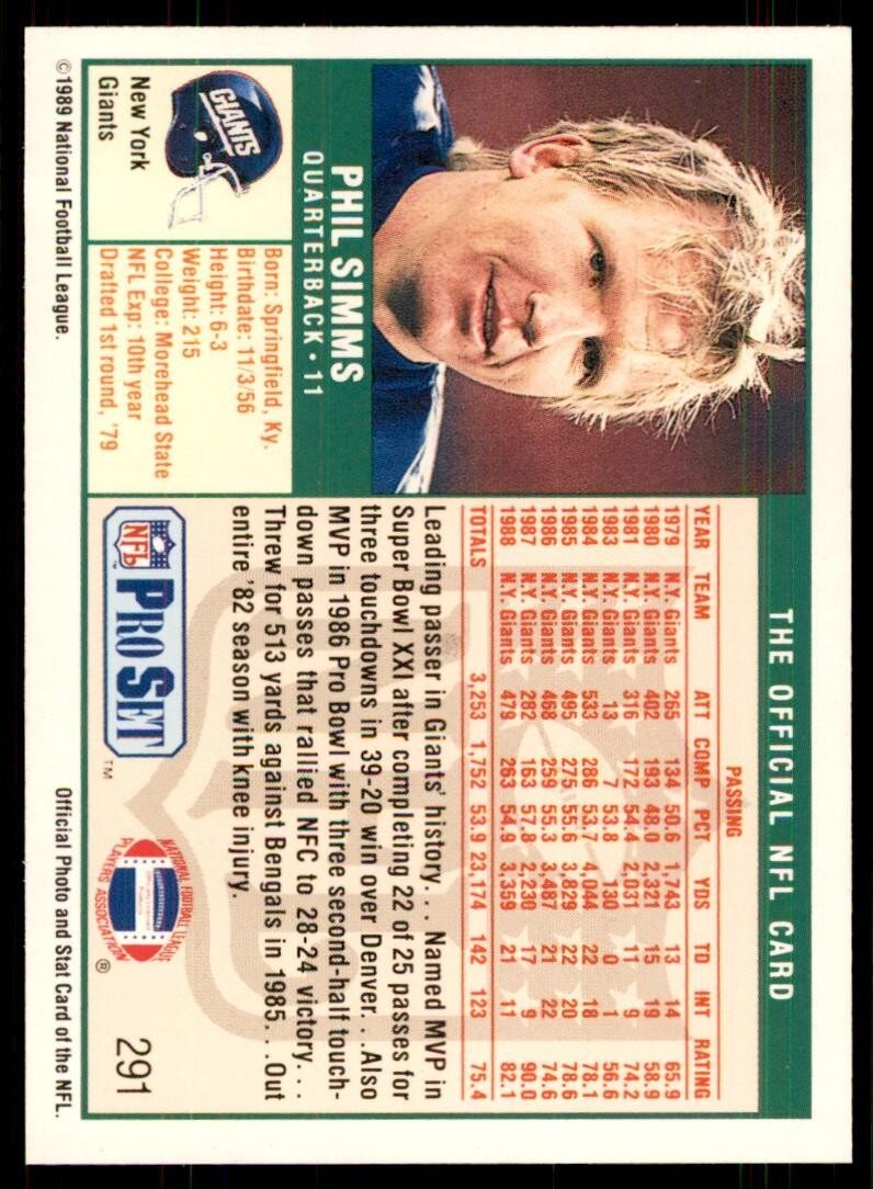 1989 Pro Set Phil Simms Football Cards #291