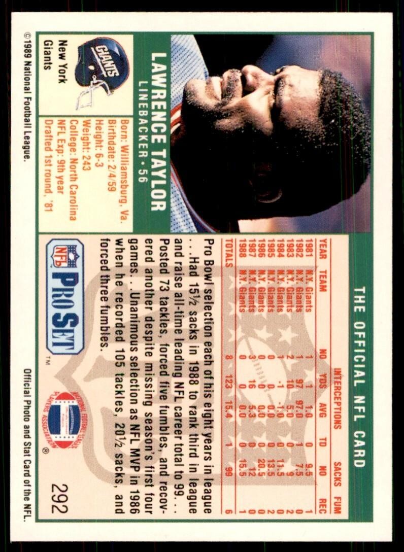 1989 Pro Set Lawrence Taylor Football Cards #292