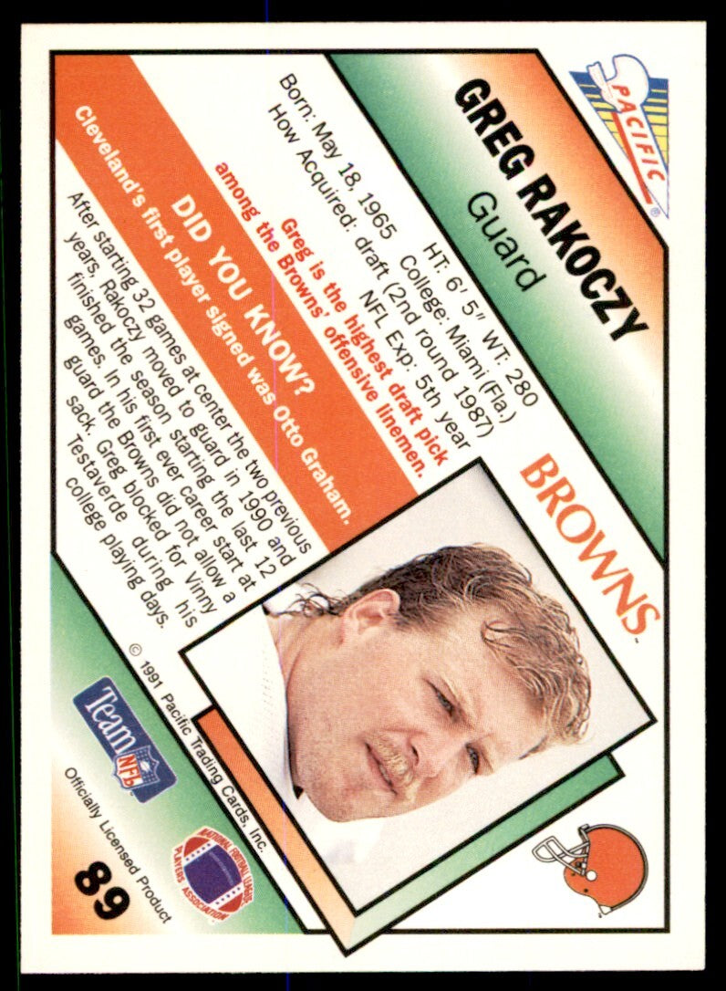 1991 Pacific Gregg Rakoczy . Cleveland Browns #89