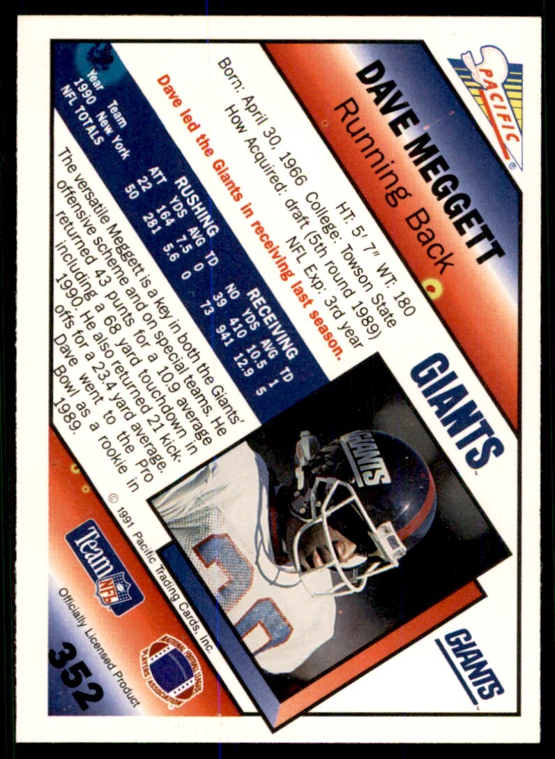 1991 Pacific Dave Meggett . New York Giants #352