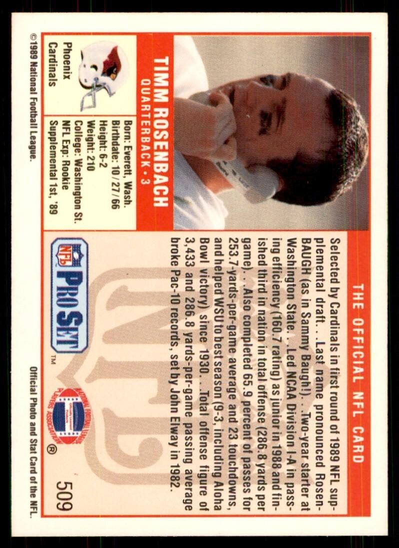 1989 Pro Set Timm Rosenbach Football Cards #509