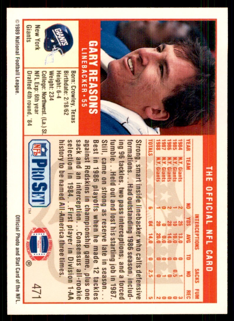 1989 Pro Set. Gary Reasons A Football Cards #471
