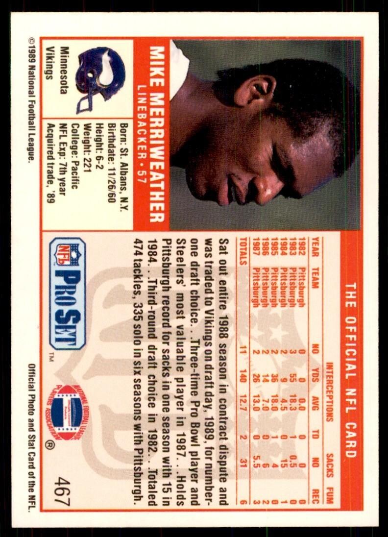 1989 Pro Set. Mike Merriweather A Football Cards #467