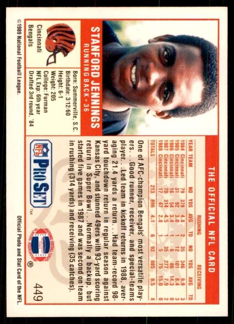 1989 Pro Set. Stanford Jennings Football Cards #449