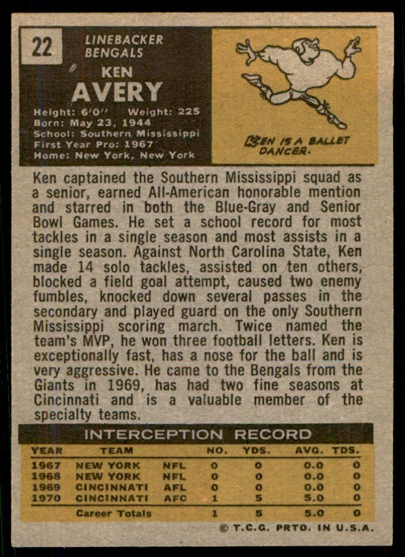 1971 TOPPS* KEN AVERY CINCINNATI BENGALS #22