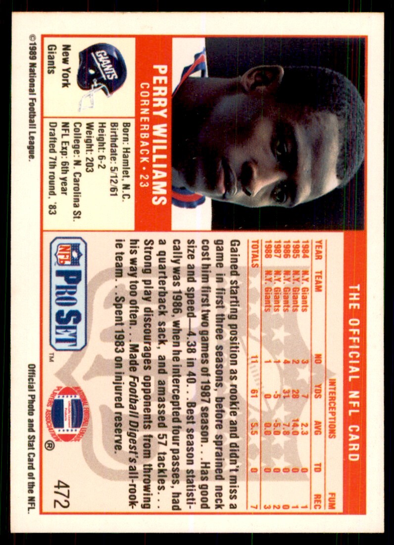 1989 Pro Set. Perry Williams Football Cards #472