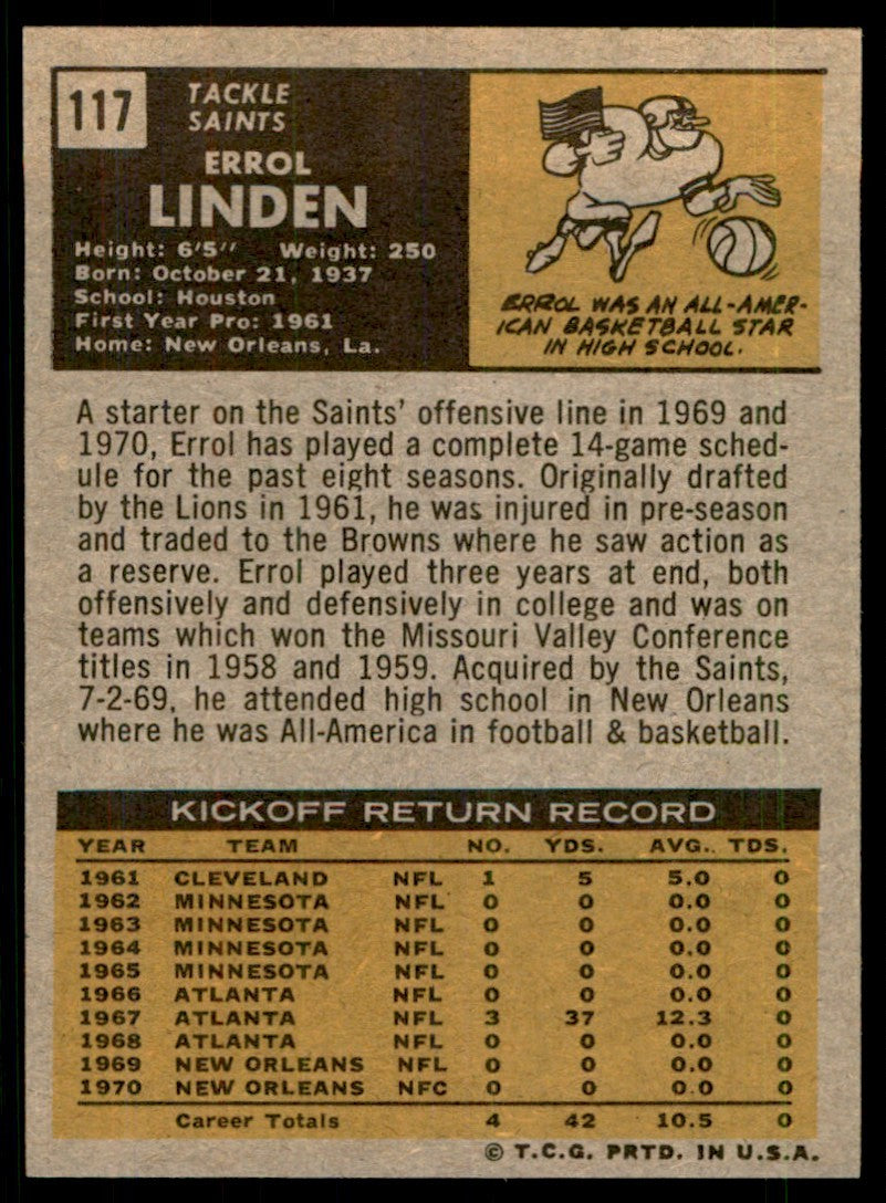 1971 TOPPS ERROL LINDEN NEW ORLEANS SAINTS #117