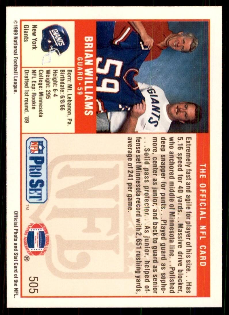 1989 Pro Set. Brian Williams Football Cards #505