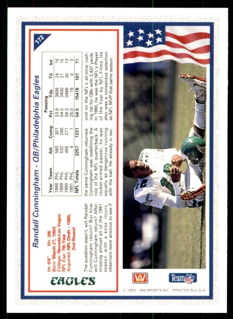1992 All World  Sports Randall Cunningham Football Cards #172