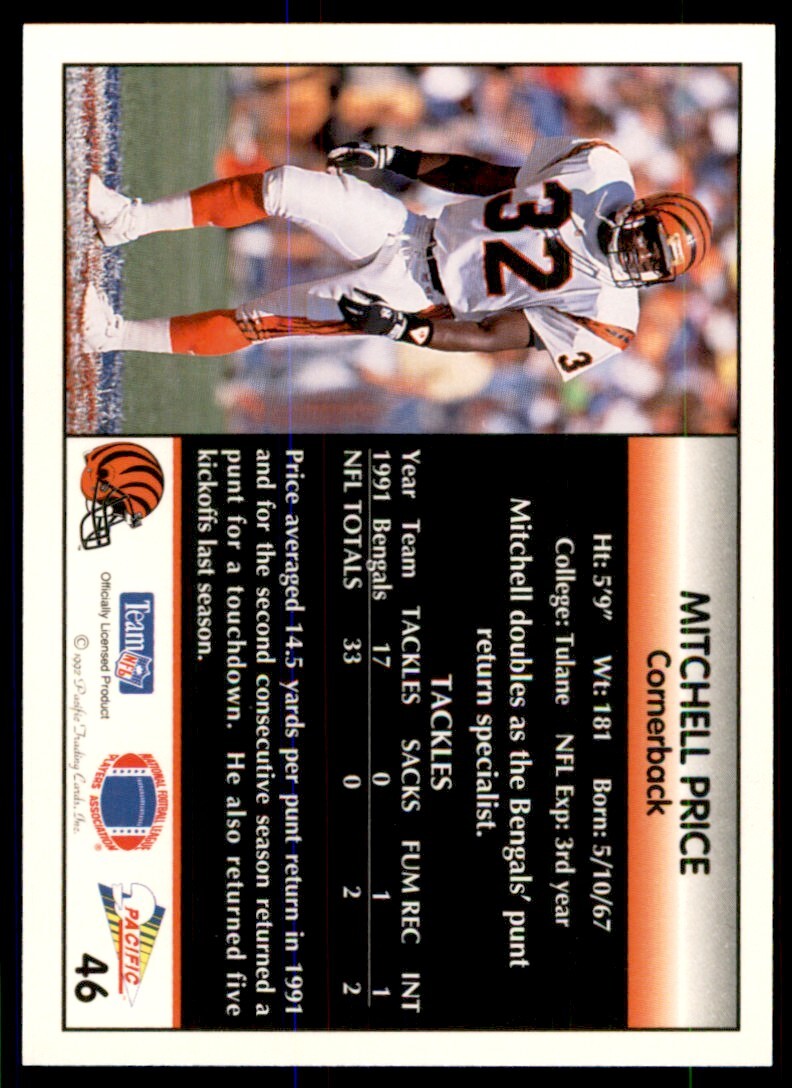 1992 Pacific Mitchell Price Cincinnati Bengals #46