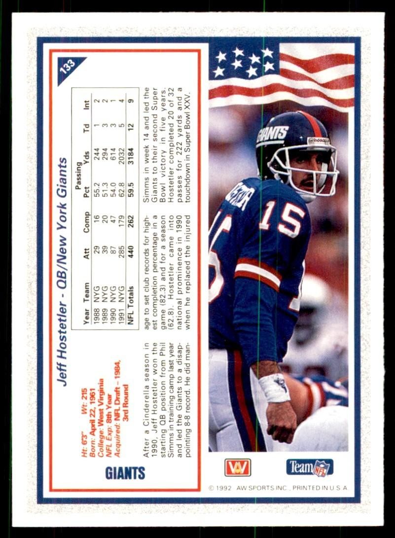 1992 All World Sports Jeff Hostetler Football Cards #133