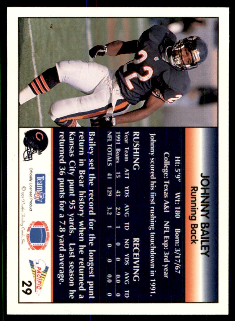 1992 Pacific Johnny Bailey Chicago Bears #29