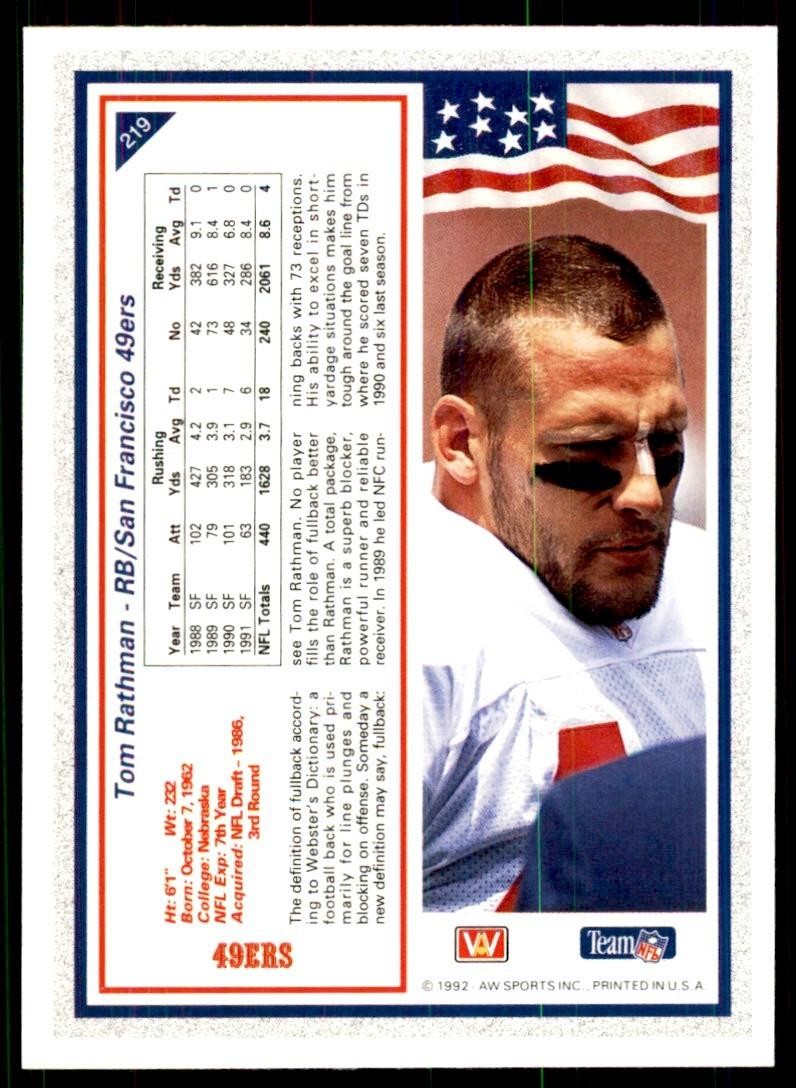 1992 All World Sports Tom Rathman Football Cards #219