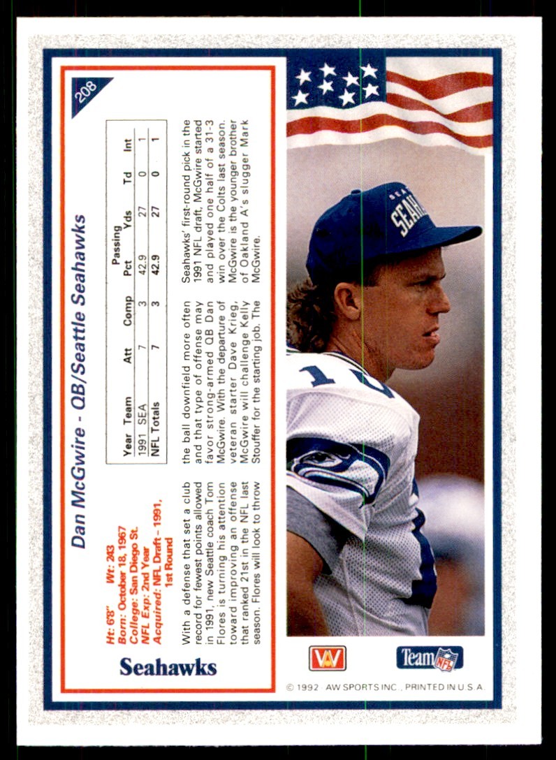 1992 All World Sports Dan McGwire Football Cards #208