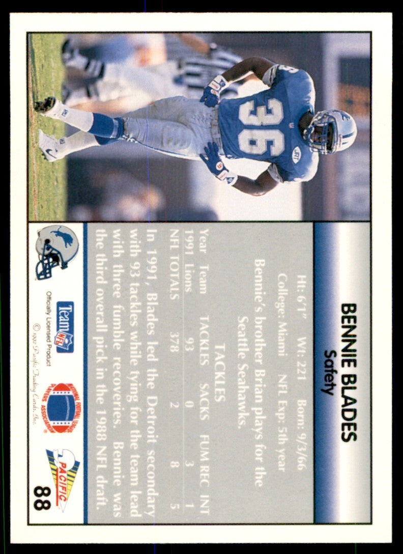 1992 Pacific Bennie Blades Detroit Lions #88