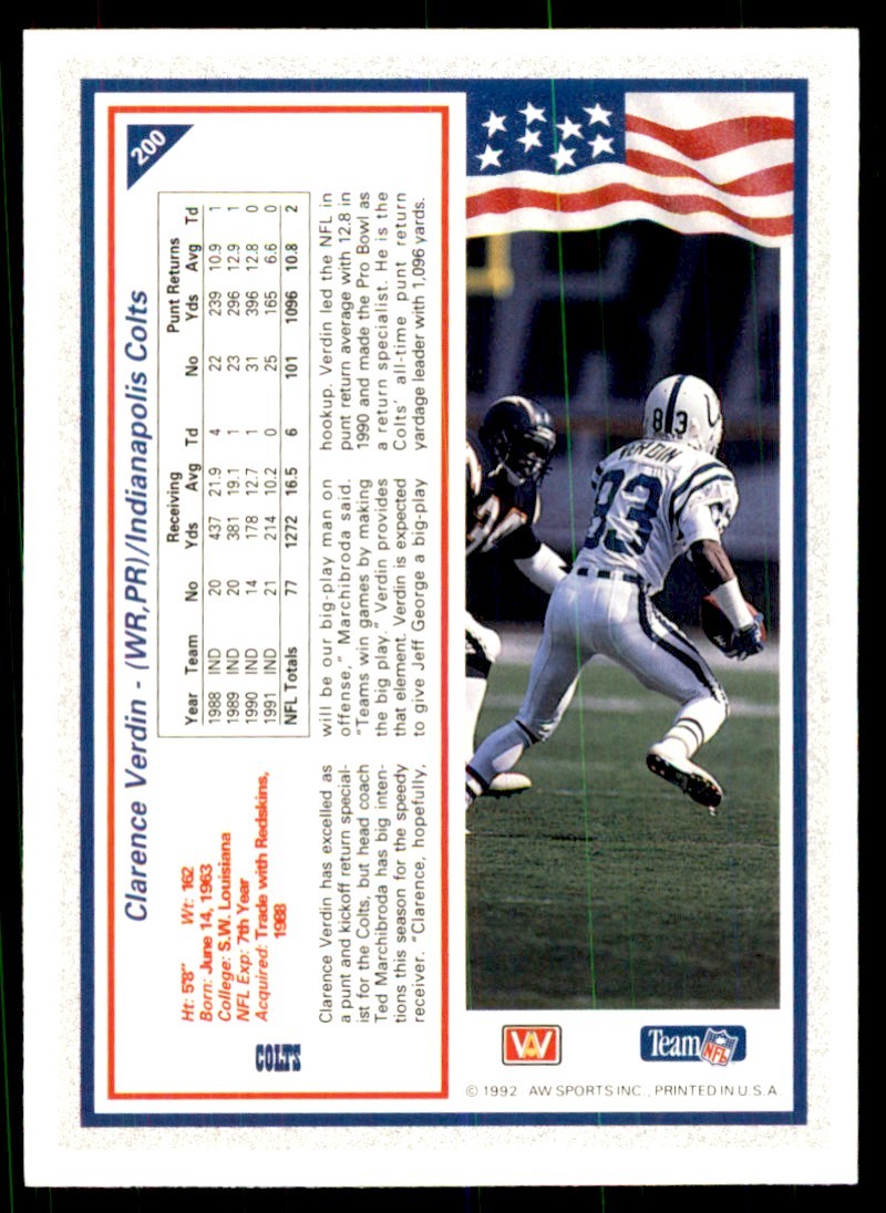 1992 All World Sports Clarence Verdin Football Cards #200