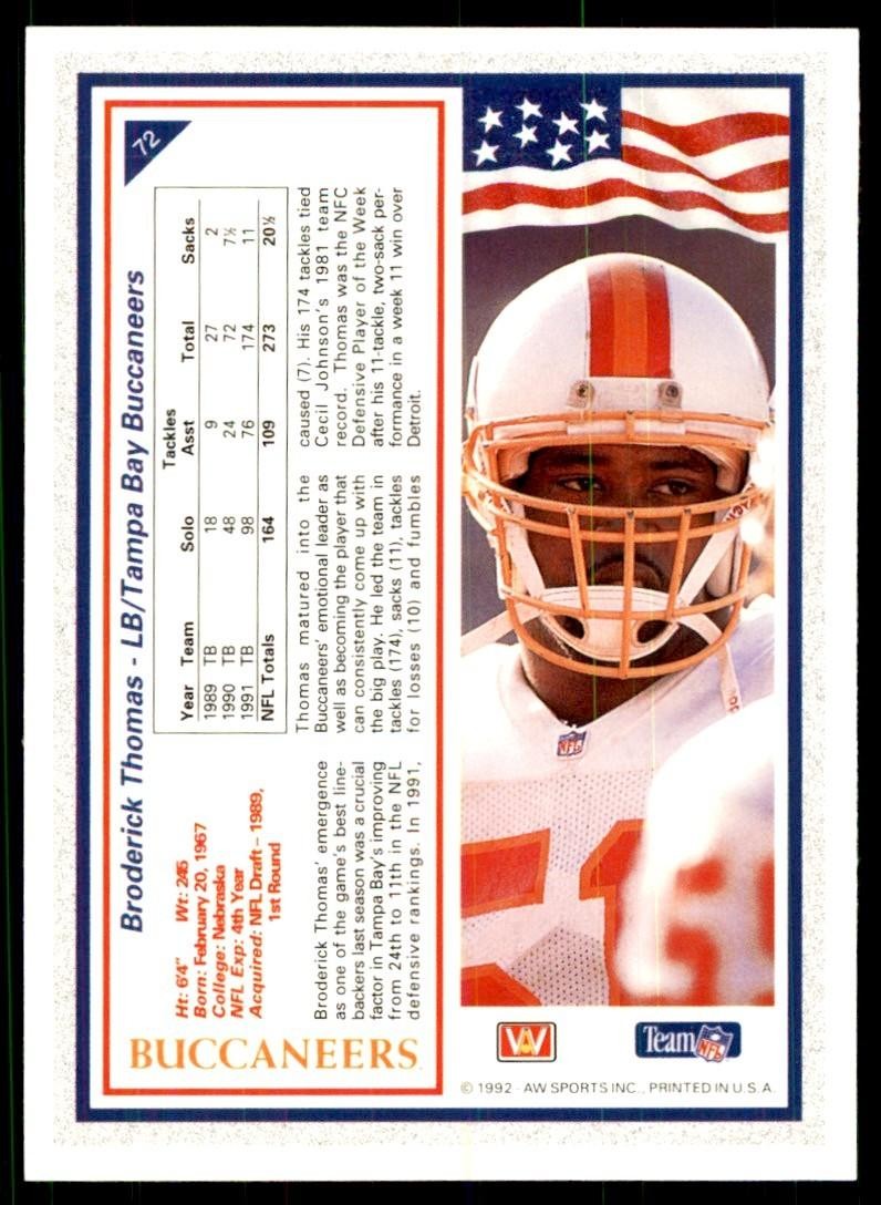 1992 All World Sports Broderick Thomas Football Cards #72