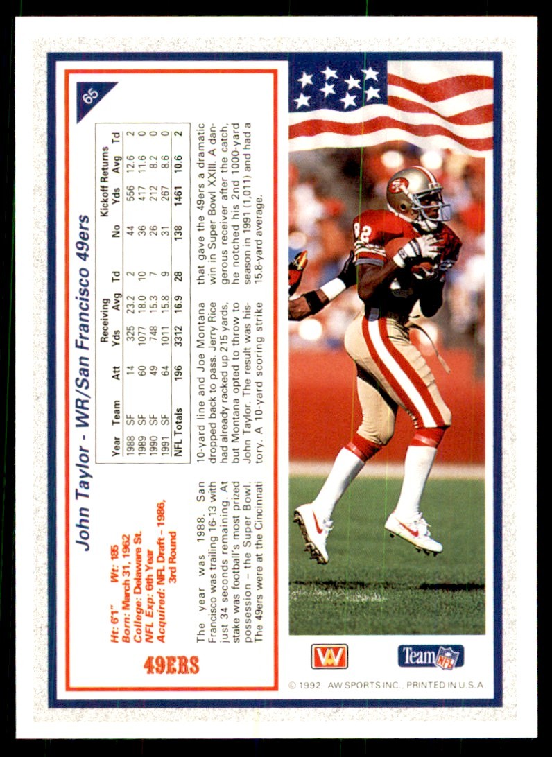 1992 All World Sports John Taylor Football Cards #65