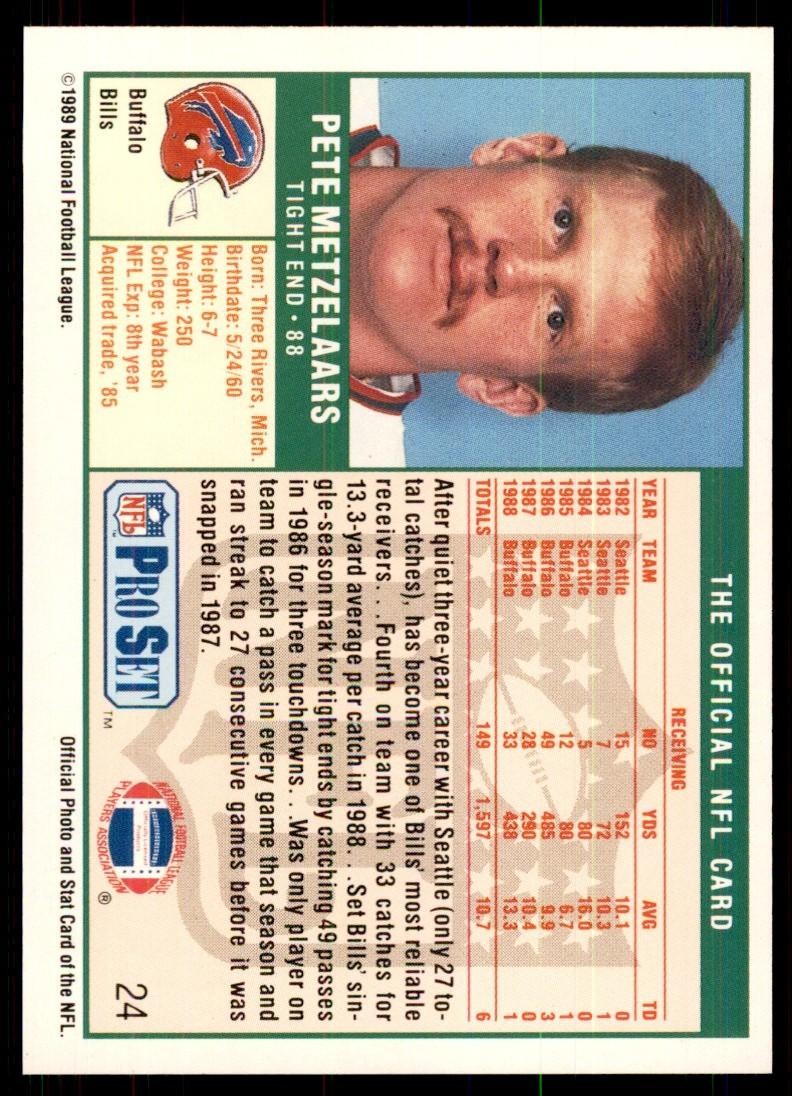 1989 Pro Set Pete Metzelaars Football Cards #24