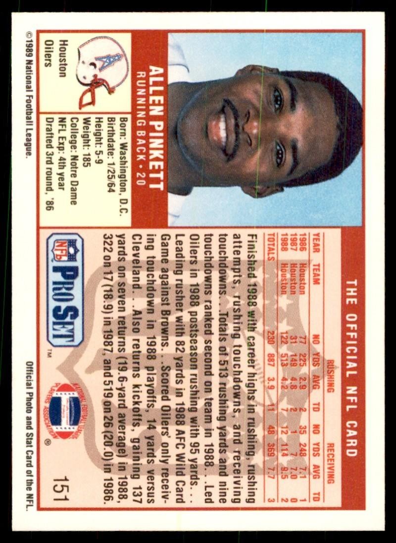 1989 Pro Set Allen Pinkett Football Cards #151