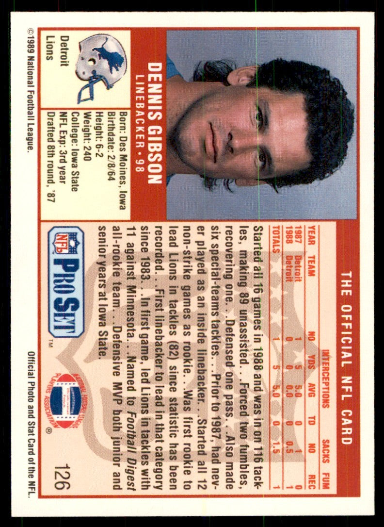 1989 Pro Set Dennis Gibson Football Cards #126