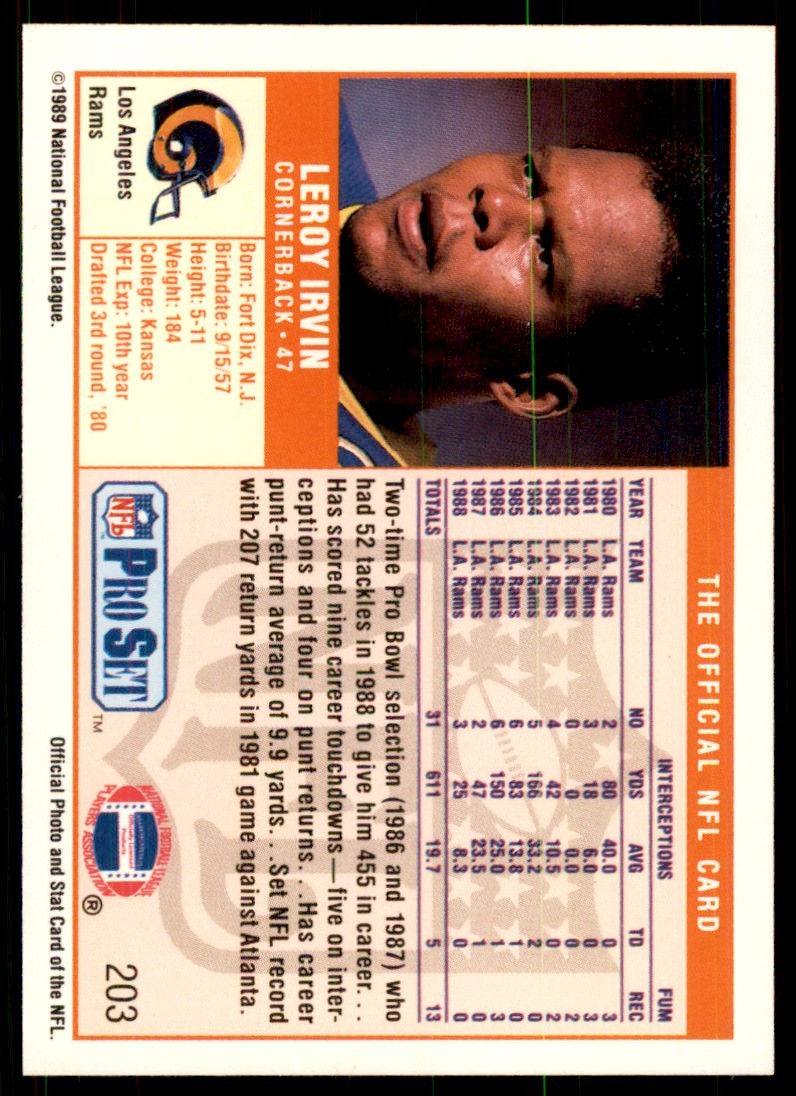 1989 Pro Set LeRoy Irvin Football Cards #203