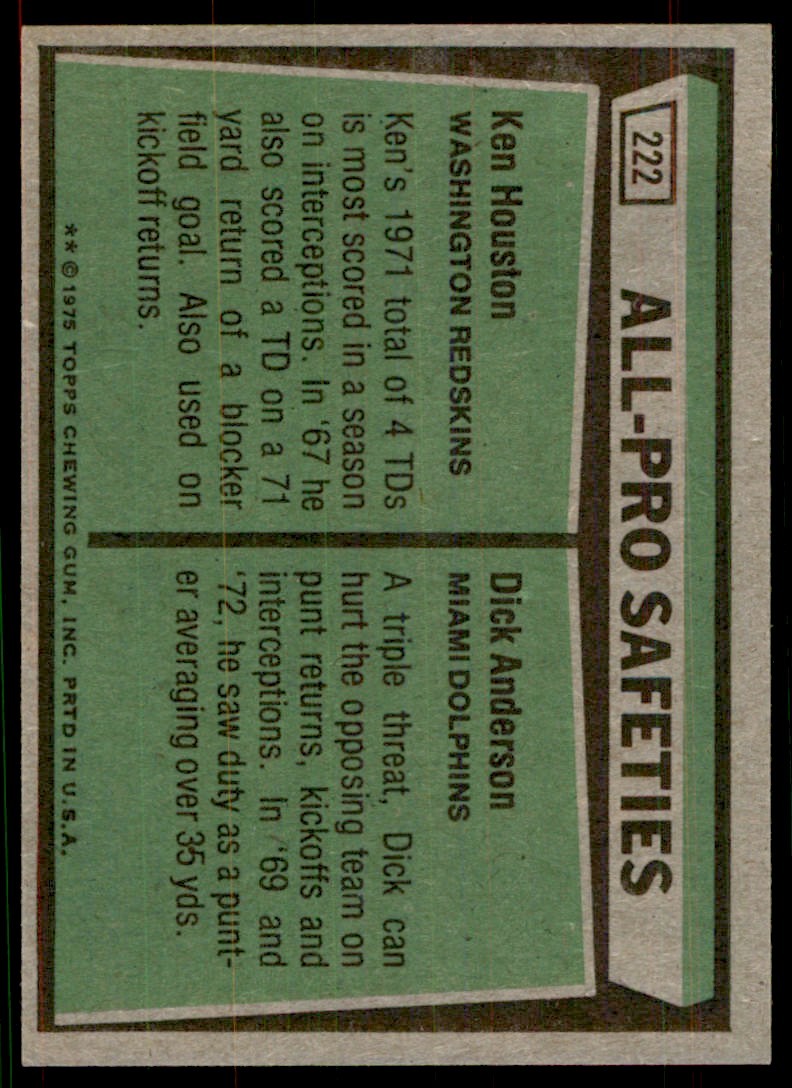 1975 TOPPS KEN HOUSTON/DICK ANDERSON WASHINGTON REDSKINS/MIAMI DOLPHINS #222