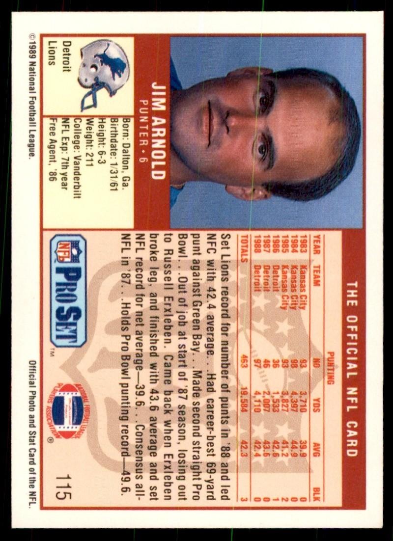 1989 Pro Set Jim Arnold Football Cards #115