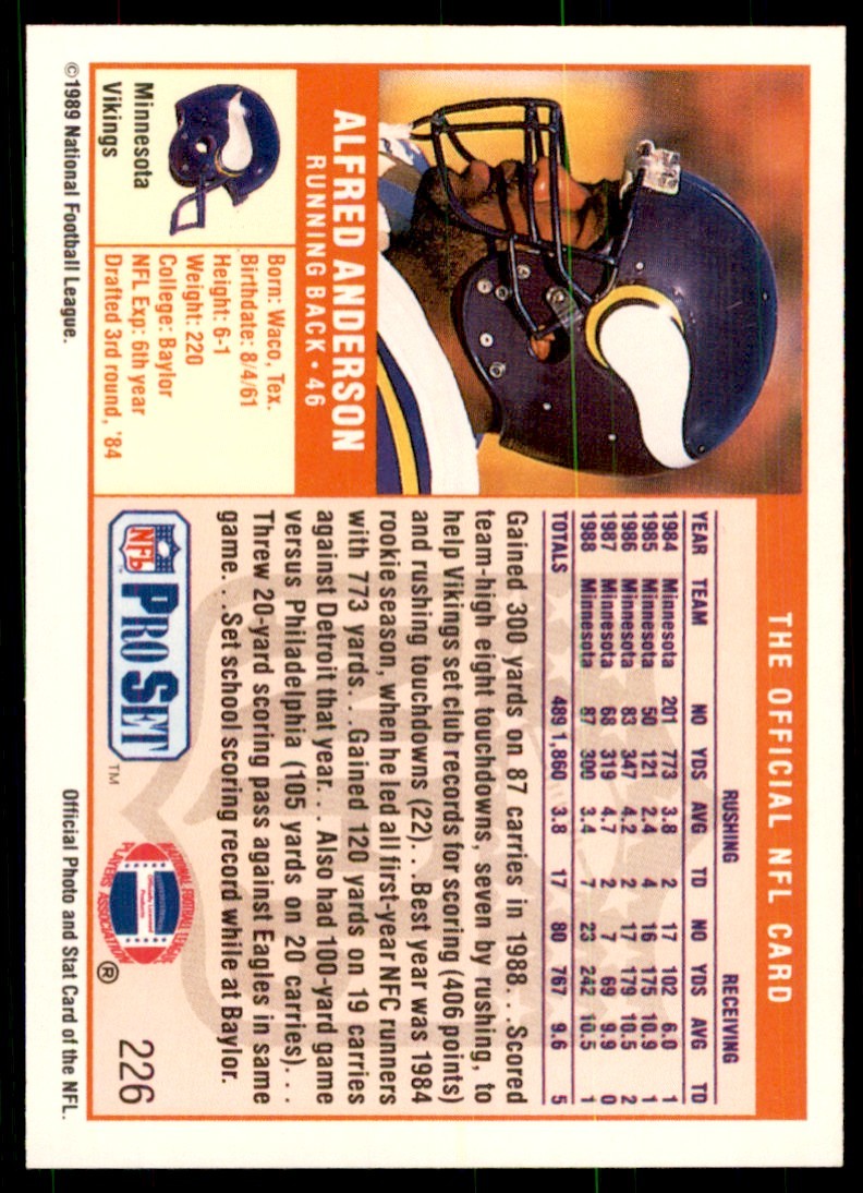 1989 Pro Set Alfred Anderson Football Cards #226