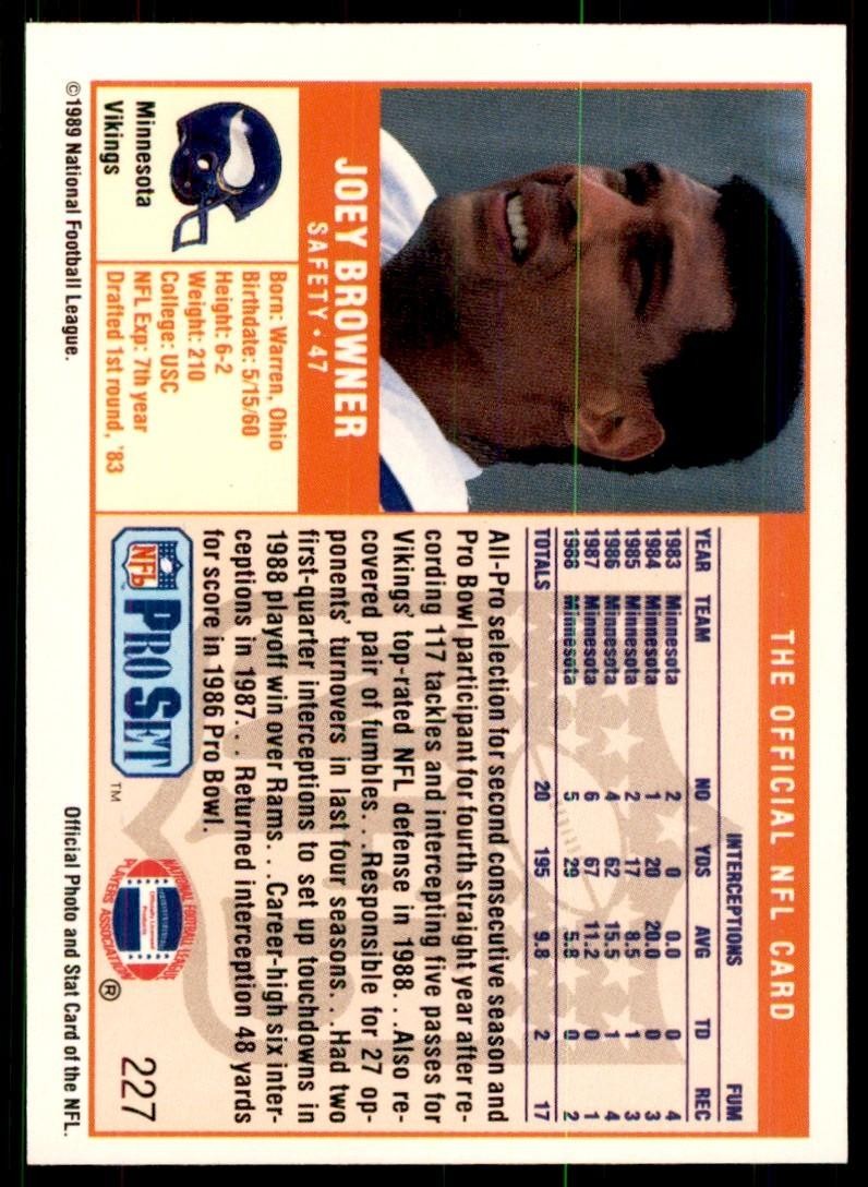 1989 Pro Set Joey Browner Football Cards #227