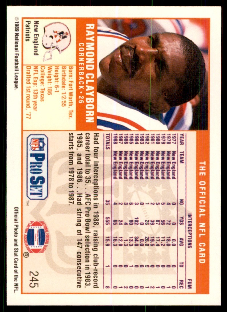 1989 Pro Set Raymond Clayborn Football Cards #245