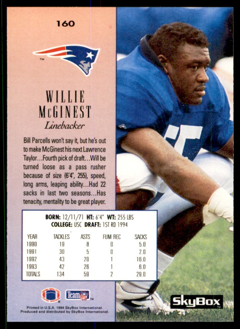 1994 Skybox. Willie McGinest Rookie New England Patriots #160