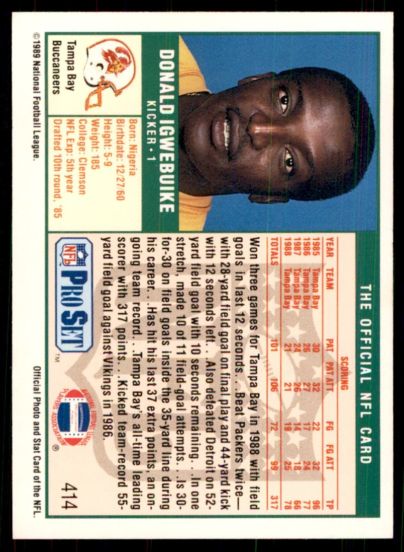 1989 Pro Set Donald Igwebuike Football Cards #414