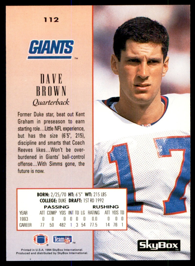 1994 Skybox. Dave Brown New York Giants #112