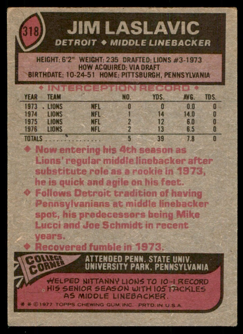 1977 TOPPS. JIM LASLAVIC DETROIT LIONS #318