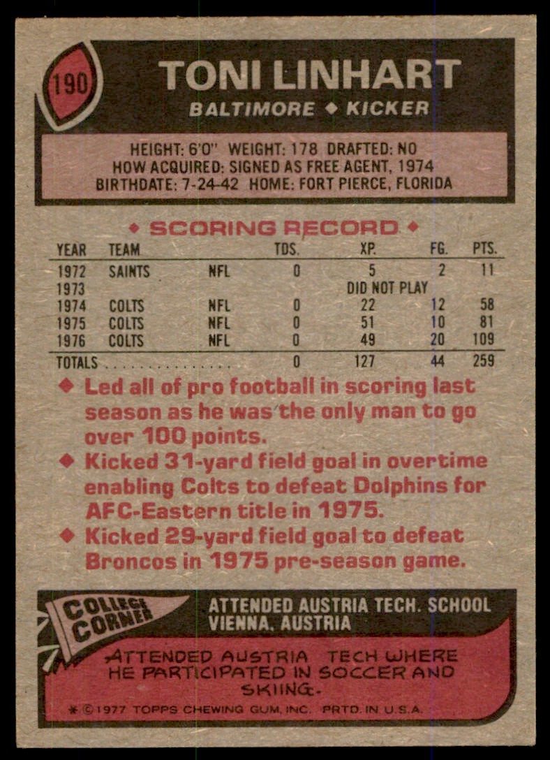 1977 TOPPS. TONI LINHART BALTIMORE COLTS #190