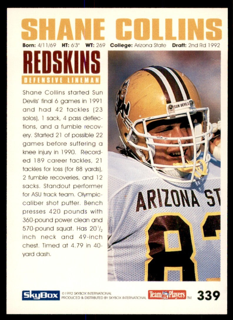 1992 SkyBox Shane Collins Rookie Washington Redskins #339