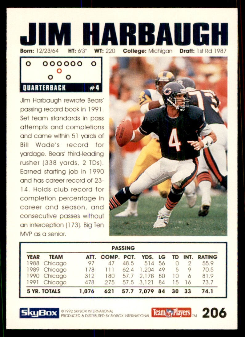 1992 SkyBox Jim Harbaugh Chicago Bears #206